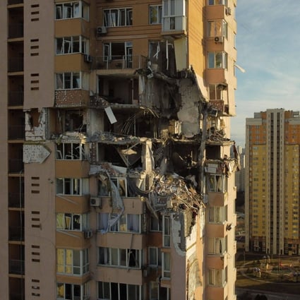 A residential building damaged by fighting is seen in Kyiv earlier this year. Russia’s much-touted electronic warfare prowess was barely seen in the war’s early stages. Photo: AFP