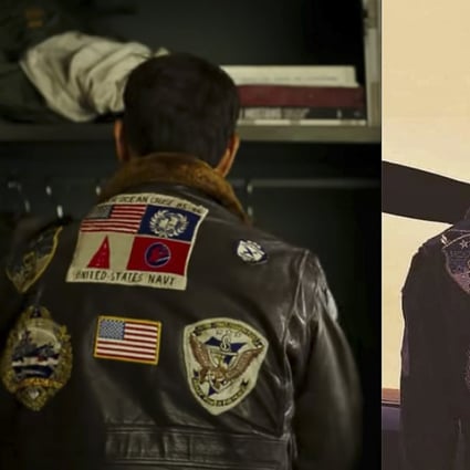 A patch featuring the Taiwanese flag is back on the bomber jacket worn by Tom Cruise’s character in Top Gun: Maverick (right). Photo: Twitter