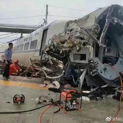 The driver’s carriage left the tracks at Rongjiang railway station in the southwestern province of Guizhou on Saturday morning. Photo: Weibo