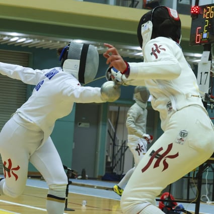 Kaylin Hsieh (left) and Chen Hailin in action during their last 16 bout at the President’s Cup Fencing Championships. Photo: Nora Tam