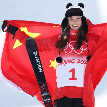 China’s Eileen Gu poses after winning the women’s freeski halfpipe at the Beijing 2022 Winter Olympics. Photo: TNS
