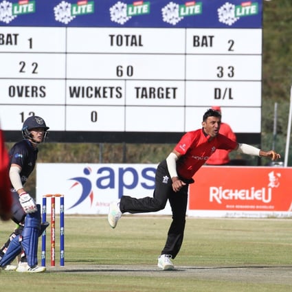 Eshan Khan bowls against Namibia during Hong Kong’s first unofficial ODI at the United Cricket Club Ground in Windhoek, Namibia, on June 5, 2022. Photo: Twitter/@NamU19CWC