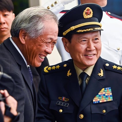 Singapore Defence Minister Ng Eng Hen and his China counterpart Wei Fenghe pictured in Singapore on May 29, 2019. File photo: AFP 