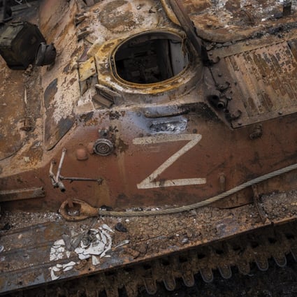 The letter Z, which has become the Russian emblem for the war, on a destroyed Russian APC near Kutuzivka, east Ukraine. Photo: AP