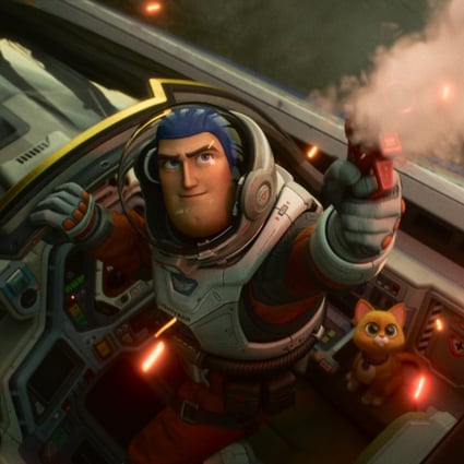 Buzz Lightyear (voiced by Chris Evans) and robot companion cat Sox (Peter Sohn) in a still from Lightyear (category I), directed by Angus MacLane. Keke Palmer and Taika Waititi co-star. Photo: Disney/Pixar
