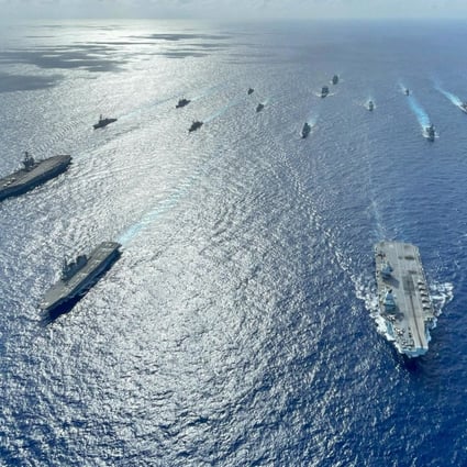 US Navy carrier strike groups led by flagships USS Ronald Reagan and USS Carl Vinson join Japanese helicopter destroyer JS Ise and a British carrier strike group led by HMS Queen Elizabeth for group operations in the Philippine Sea in October. Photo: US Indo-Pacific Command