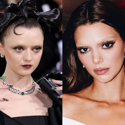 Maisie Williams (left) and Kendall Jenner sporting bleached eyebrows at the 2022 Met Gala in New York. Experts explain the lasting power of the look and how to get them yourself. 
