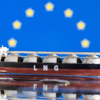 A model of an LNG tanker in front of the EU flag. Europe’s LNG imports are up 50 per cent from the same period last year and aren’t showing any sign of slowing down. Photo: Reuters