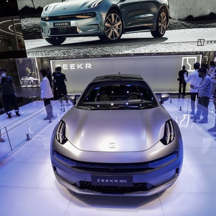 Zhejiang Geely Holding Group’s Zeekr 001 electric vehicle at the Auto Shanghai car show on April 19, 2021. Electric cars have become the new battleground for tech giants and carmakers to offer services through new platforms and ecosystems, leading Geely to acquire flagging smartphone brand Meizu. Photo: Bloomberg