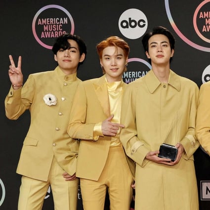 (L-R) V, Suga, Jin, Jungkook, RM, Jimin, and J-Hope of BTS are seen at the 2021 American Music Awards in LA. File photo: Getty Images North America via AFP