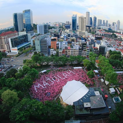 An aerial view of the Pink Dot gay rights rally held in Singapore on Saturday, attended by thousands. ‘Majulah Singapura’ is the nation’s national anthem. Photo: Pink Dot