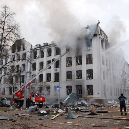 Firefighters put out a blaze at the Kharkiv National University building, in Ukraine, which city officials said was damaged by shelling, on March 22. Photo: Reuters