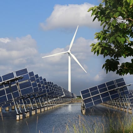 A hybrid power station consisting of wind turbines, solar panels and fish ponds in Dongtai, China. The country’s pledge to reach carbon neutrality is the subject of science fiction writer Chen Qiufan’s latest book. Photo: Getty Images