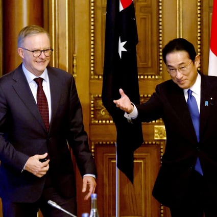 Australian Prime Minister Anthony Albanese is escorted by Japanese Prime Minister Fumio Kishida at the start of their bilateral meeting on the sidelines of last month’s Quad leaders’ summit in Tokyo. Photo: AP