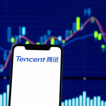 Tencent logo is seen on an Android mobile phone over stock chart. Photo: Shutterstock