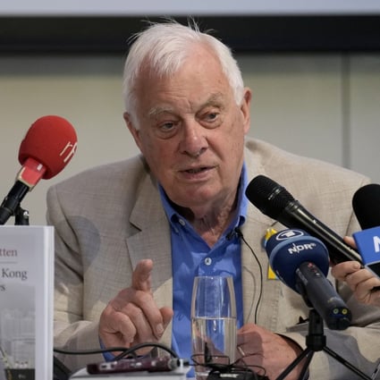 Chris Patten, the last British governor of Hong Kong, speaks at a press conference in London on Monday. Photo: AP 
