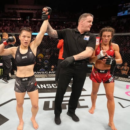 Zhang Weili celebrates after her knockout victory over Joanna Jedrzejczyk at UFC 275 in Singapore. Photo Zuffa LLC