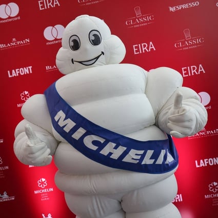 Bibendum, or the Michelin Man, at a ceremony revealing the 2022 selection of the Michelin Guide Dubai, the first edition in the United Arab Emirates, on June 21, 2022. Photo: AFP