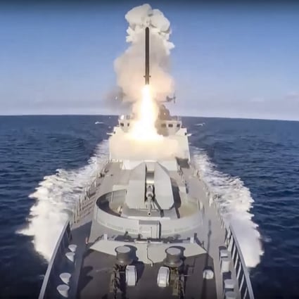 A frigate from Russia’s Black Sea Fleet launches a cruise missile at ground targets at an undisclosed location in Ukraine, in an image released on Sunday. Ukrainian forces say Moscow’s fleet still dominates the area. Photo: Russian Defence Ministry Press Service via AP