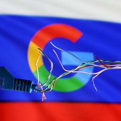A broken Ethernet cable is seen in front of the Russian flag and Google logo in this illustration taken March 11, 2022. Photo: 
Reuters