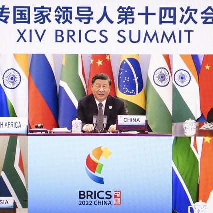 BRICS leaders (clockwise, from top left) South African President Cyril Ramaphosa, Chinese President Xi Jinping, Brazilian President Jair Bolsonaro, Indian Prime Minister Narendra Modi and Russian President Vladimir Putin attend the virtual 14th BRICS Summit on June 23. Photo: AP