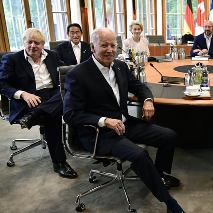 Clockwise from left, British Prime Minister Boris Johnson, Japan’s Prime Minister Fumio Kishida, European Commission President Ursula von der Leyen, European Council President Charles Michel, Italian Prime Minister Mario Draghi, Canada’s Prime Minister Justin Trudeau, French President Emmanuel Macron, German Chancellor Olaf Scholz and US President Joe Biden at the G7 summit in Castle Elmau, Germany, on Tuesday. Photo: AP