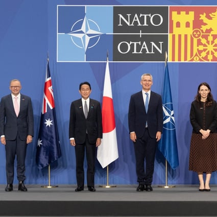 From left, Australian Prime Minister Anthony Albanese, Japanese Prime Minister Fumio Kishida, Nato Secretary General Jens Stoltenberg, New Zealand Prime Minister Jacinda Ardern and South Korean President Yoon Suk-yeol pose for a photo of “Indo-Pacific partners” at the Nato summit in Madrid. Photo: Nato/dpa