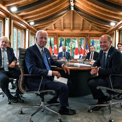 US President Joe Biden attends a working lunch with other G7 leaders to discuss shaping the global economy, at the Yoga Pavilion, Schloss Elmau in Kuren, Germany, on June 26. Photo: Reuters