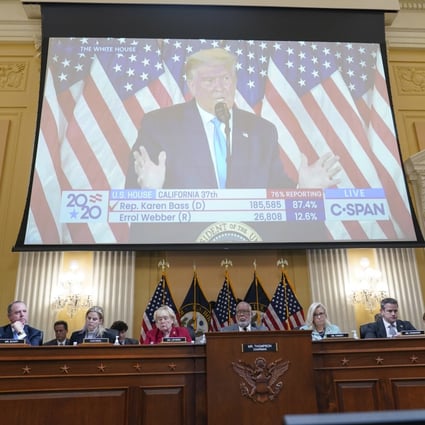 A video of former US President Donald Trump speaking is displayed on June 13 as the House select committee investigating the January 6, 2021 attack on the US Capitol continues to reveal its findings of a year-long investigation. Photo: AP 