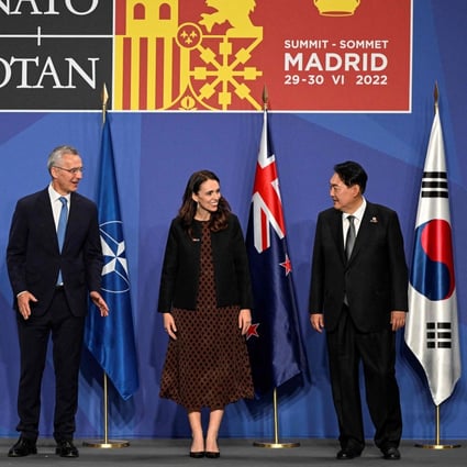 From left: Australia’s Prime Minister Anthony Albanese, Japan’s Prime Minister Fumio Kishida, Nato Secretary General Jens Stoltenberg, New Zealand Prime Minister Jacinda Ardern and South Korea’s President Yoon Suk-yeol get ready for a group photograph ahead of a Indo-Pacific Partners meeting during the Nato Summit at the Ifema congress centre in Madrid, on June 29. Photo: AFP