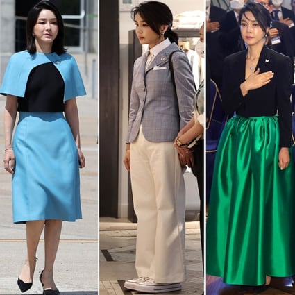 Some of the outfits worn by South Korea’s first lady, Kim Keon-hee, during a visit to Spain, where her husband attended the 2022 Nato summit. Unlike her predecessors who have kept low profiles, Kim is unafraid to embrace the spotlight.