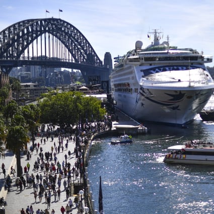 The Pacific Explorer makes its way to dock at the overseas passenger terminal on Sydney Harbour on April 18, 2022. Photo: AFP