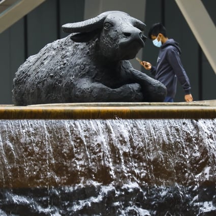 A bull sculpture is displayed outside Exchange Square, home of the Hong Kong Stock Exchange, on January 8, 2021. Photo: SCMP / Dickson Lee