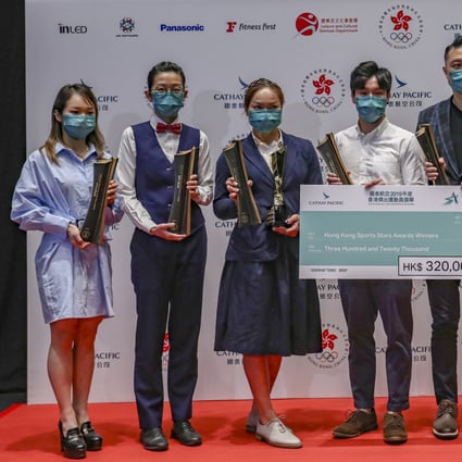 Sarah Lee (third on the left) was the “Best of the Best” at the Cathay Pacific 2019 Hong Kong Sports Stars Awards, and Siobhan Haughey (second on the right) was one of the Awardees. 10APR21 SCMP / Jonathan Wong