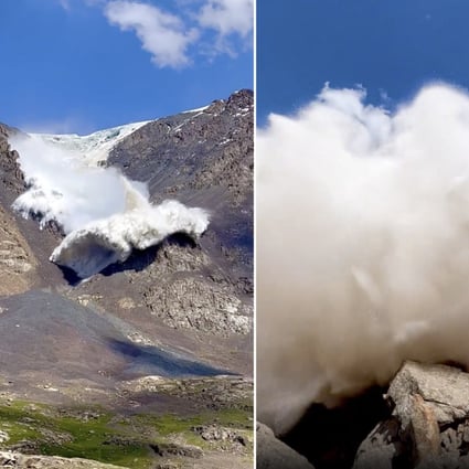 Stills from a video of an avalanche in Kyrgyzstan’s Tian Shan mountains in July 2022, captured by Briton Harry Shimmin. Photo: Instagram/@harryshimmin