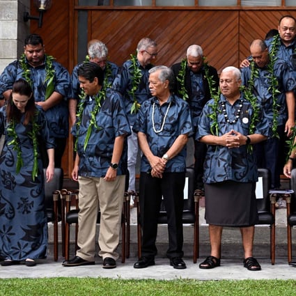 Leaders arrive for the family photo at the Pacific Islands Forum in Suva, Fiji on Thursday. China held virtual talks the same day with political figures and businesspeople from Fiji, Vanuatu, Solomon Islands and Papua New Guinea. Photo: AFP