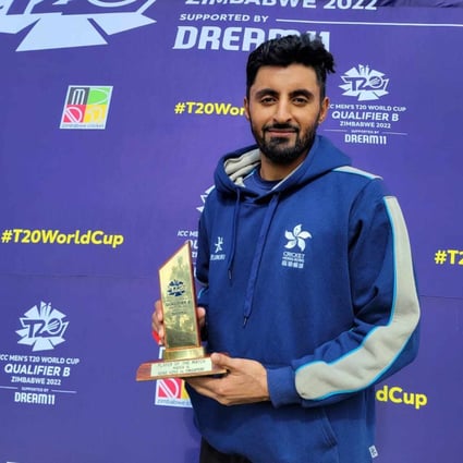 Hong Kong captain Nizakat Khan with his man of the match award after the game against Singapore at the ICC Men’s T20 World Cup Qualifier B. Photo: Cricket Hong Kong