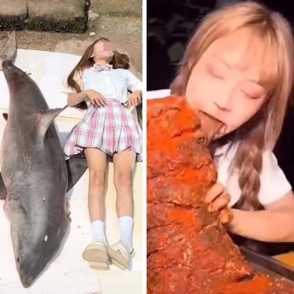 A Chinese influencer is under fire for eating what appears to be a protected shark. Photo: SCMP composite