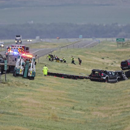 First responders at the scene of a fatal pileup in Montana, US, involving at least 20 vehicles. Photo: AP