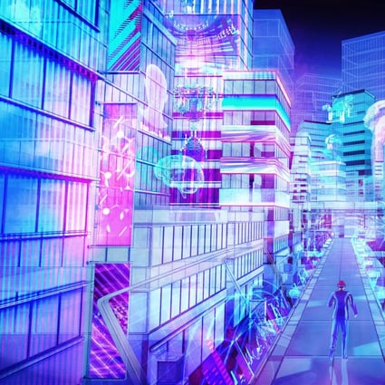 [Shutterstock] Item ID: 2107265612
High angle view on man walk on the digital bridge to futuristic metaverse smart city , blue and violet color tone , 3d rendering picture. Shutterstock Images.