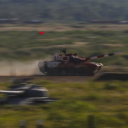 Chinese soldiers take part in the tank biathlon during the 2018 International Army Games in Alabino, Russia. Photo: EPA-EFE