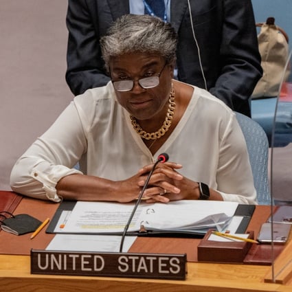US Ambassador to the UN, Linda Thomas-Greenfield reads a statement during a meeting of the United Nations Security Council about the maintenance of peace and security of Ukraine, at UN headquarters in New York. Photo: Reuters