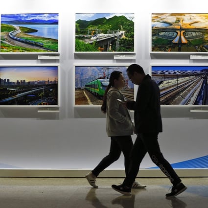 A display board showcases China’s construction projects at the 2019 Belt and Road Forum in Beijing. Photo: AP