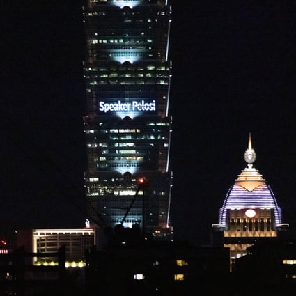 The Taipei 101 skyscraper displays a welcome message for US Speaker of the House Nancy Pelosi on Tuesday. Photo: Getty Images/TNS