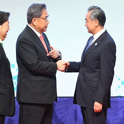 South Korea’s Foreign Minister Park Jin (centre) and China’s Foreign Minister Wang Yi (right) at the 23rd Asean Plus Three Foreign Ministers Meeting during the 55th Asean Foreign Ministers’ Meeting in Phnom Penh on Thursday. Photo: AFP