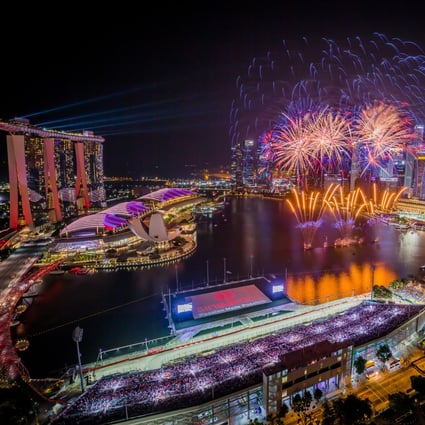 An aerial view of the floating platform and post-race fireworks. Photo: Singapore GP