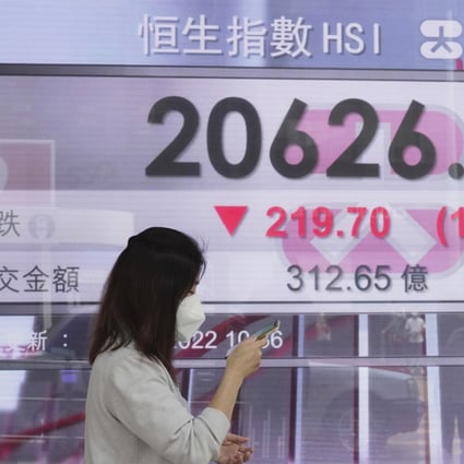 A woman walks past a bank’s electronic board showing the Hang Seng Index on July 19. Photo: AP
