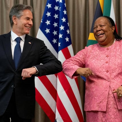 US Secretary of State Antony Blinken is greeted by South African Foreign Minister Naledi Pandor as he arrives for a meeting in Pretoria on Monday. Photo: Reuters