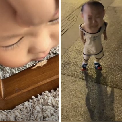 Two viral videos of little boys in China. One baby chewed on a table to ease teething (left) and another boy was scared of his shadow (right). Photo: SCMP composite