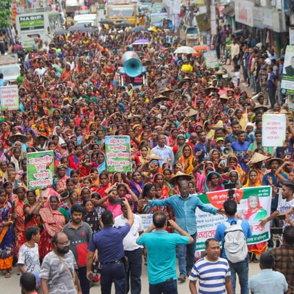 Bangladeshi tea plantation workers protesting on Saturday. Nearly 150,000 workers at more than 200 plantations went on strike demanding a 150 per cent rise to their dollar-a-day wages, which researchers say are among the lowest in the world. Photo: AFP